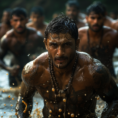 Tamil men wrestling in mud