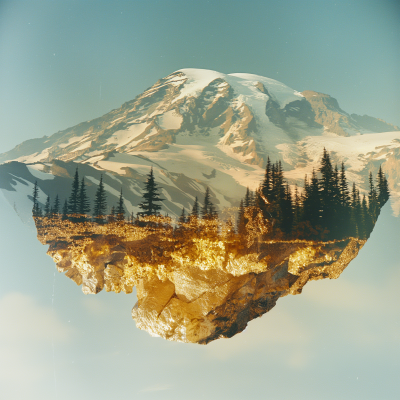 Double Exposure with Mount Rainier and Gold Nugget
