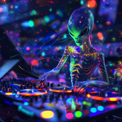 Glowing Alien DJ in Colorful Night Club