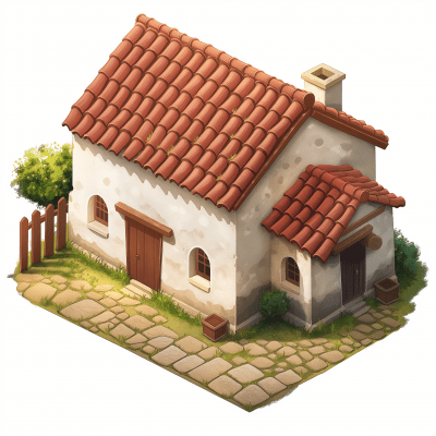 Isometric Perspective House with Red Tile Roof