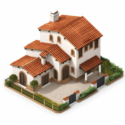 Isometric House with Red Tile Roof