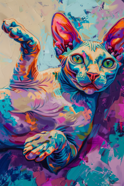 Colorful Abstract Expressionist Painting with a Devon Rex Cat