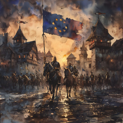 Cavalry of Horses in Medieval Town Watercolor Painting