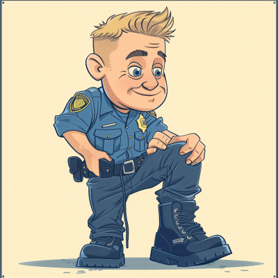 Policeman with oversized head trying on trekking shoes