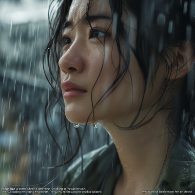 Asian Woman Walking in the Rain
