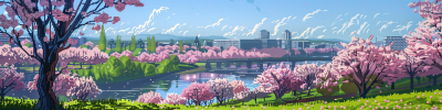 Blooming Sakura Trees in City with Green River Valley