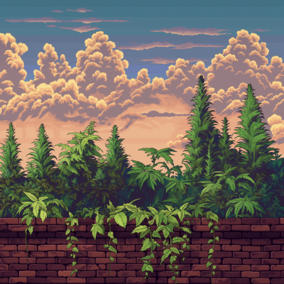Pixel Art Weed Forest on Brick Wall
