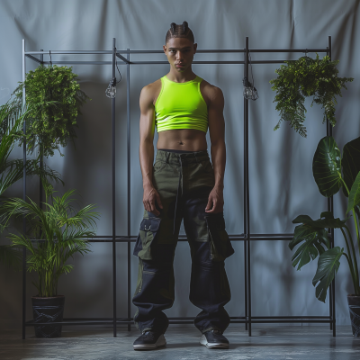 Androgynous Male Model in Neon Green Cropped Top