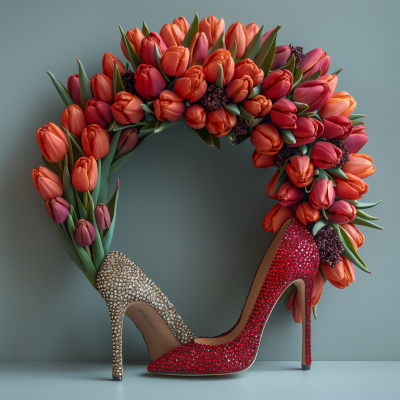 Luxurious Tulip Wreath and Footwear Photo