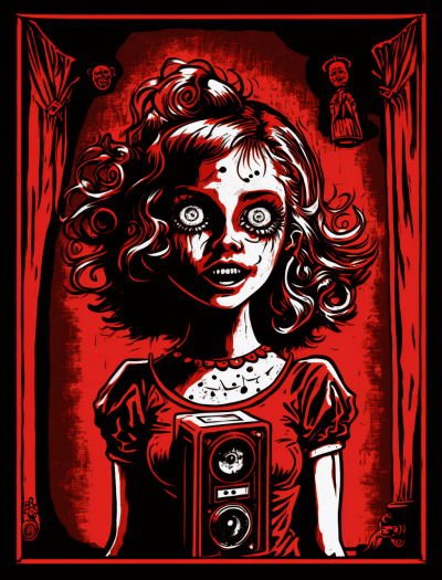 Grotesque Caricature of Horror Girl in Red