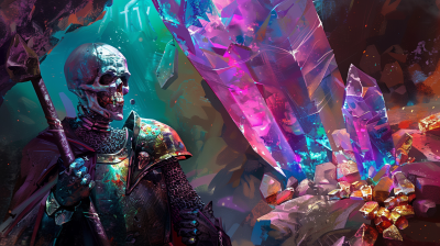 Zombie Medieval Knight with Colorful Crystals in Cave