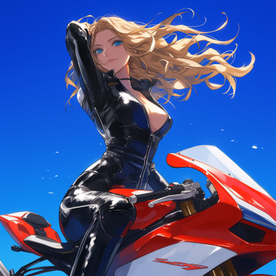 Blonde Girl in Black Leather Motorcycle Suit
