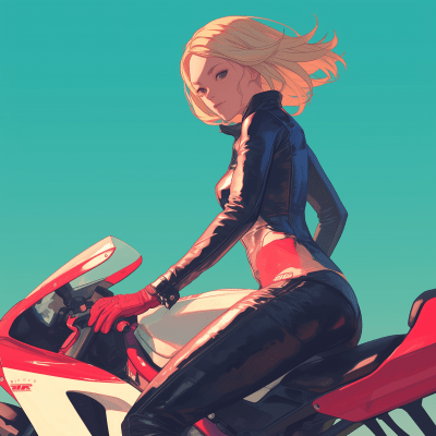 Blonde girl in black leather motorcycle suit on a motorcycle