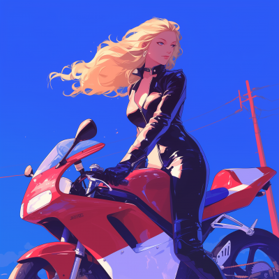 Blonde Girl in Black Leather Suit on Motorcycle