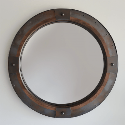 Circle mirror with brown iron frame