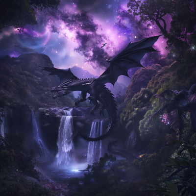 Majestic Black Dragon in Fantasy Landscape