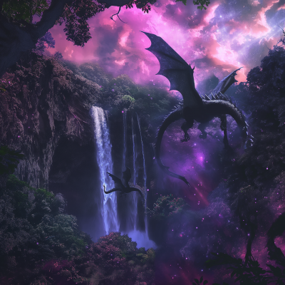 Black Dragon Flying in Rainforest