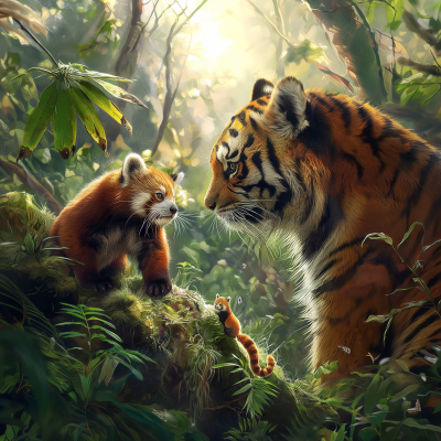 Rainforest & Tundra Background with Tiger and Red Panda