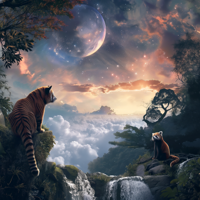 Rainforest & Tundra Background with Tiger and Red Panda