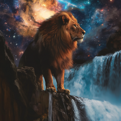 Majestic Lion and Galaxy Waterfall