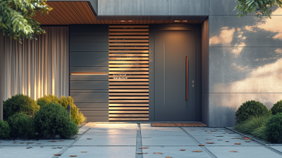 Modern Gray House Entrance Door with Pine Slatted Elements