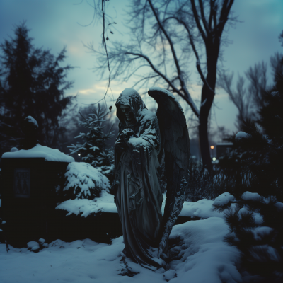 Weathered Angel of Death Statue in Snowy Nightfall