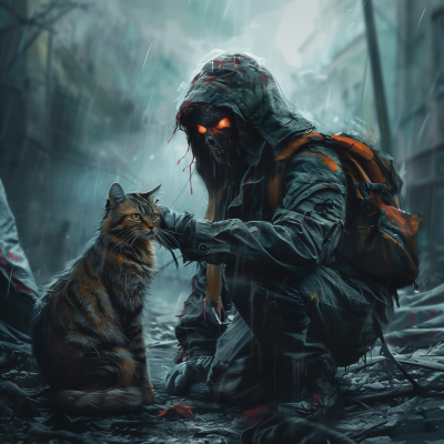 Man protecting cat from zombie in apocalyptic world