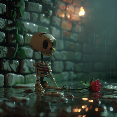 Heartbroken Skeleton Holding Wet Rose in Dungeon Basement