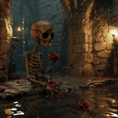 Sad Skeleton Holding Wet Rose in Dungeon Basement