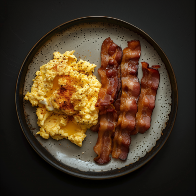 Bacon and Scrambled Eggs on Ceramic Plate