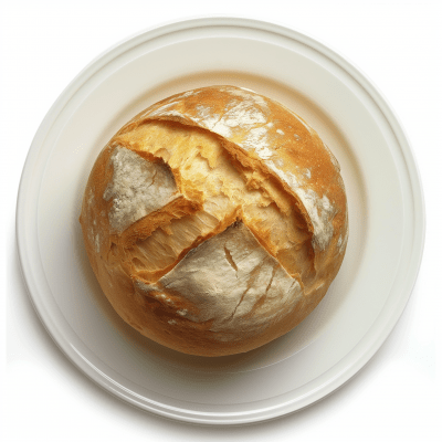 Overhead view of round loaf of bread on plate