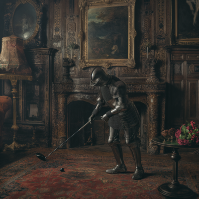Medieval Warrior Playing Golf in English Manor