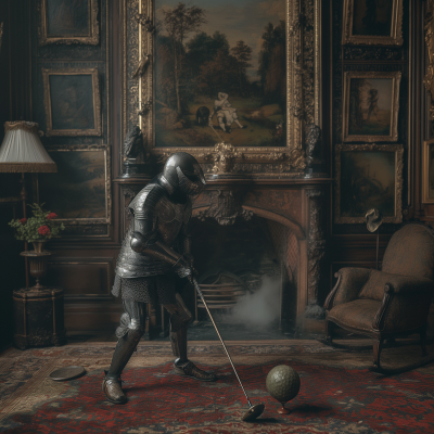 Man in Antique Armor Playing Golf