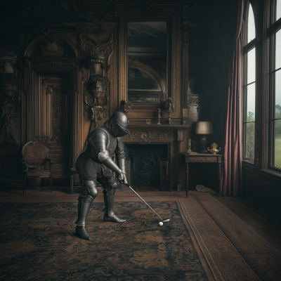 Man in Antique Armor Playing Golf in English Manor