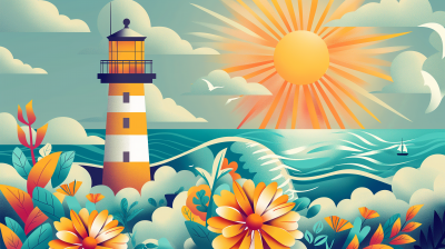 Sea Lighthouse and Flowers Illustration