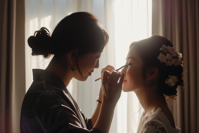 Makeup Artist Applying Eyeshadow to Bride in Hotel Room