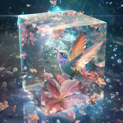 Tesseract in 4th Dimension with Flowers and Birds