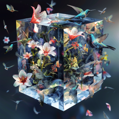 Tesseract in the 4th dimension with flowers and birds