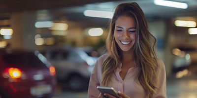 Happy Brazilian Woman with Cell Phone in Indoor Parking