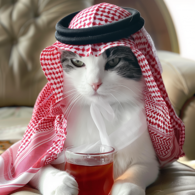 Arabic Cat in Majlis with Red Tea