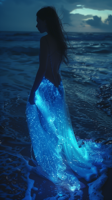 Bioluminescent Dress on Beach at Blue Hour