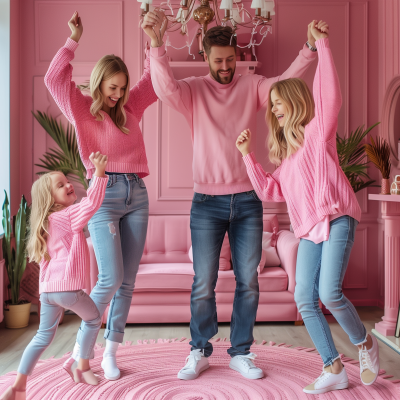 Family Dance in Pink Living Room