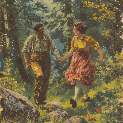 Vintage Illustration: Hiking Couple Postcard