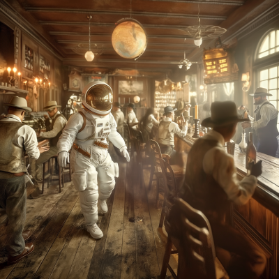 Cowboy astronaut in a crowded old town
