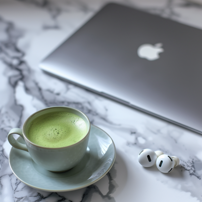 Modern Minimalist Workspace Setup with Matcha Tea