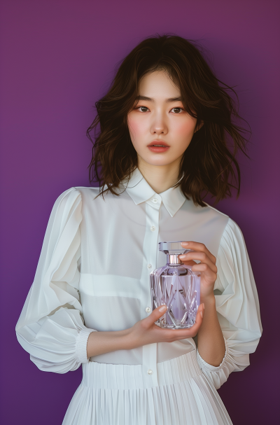 Chic Korean woman holding crystal perfume bottle