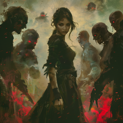Eerie Woman Surrounded by Zombies