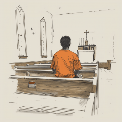 Man in Orange T-shirt on Church Pew