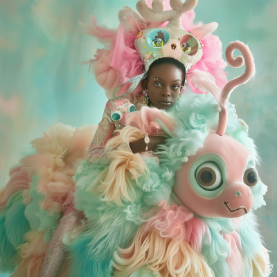 Surreal Fantasy Portrait of a Black Woman Riding a Fluffy Monster