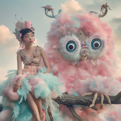 Surreal Portrait of a Chinese Woman with Fluffy Monster